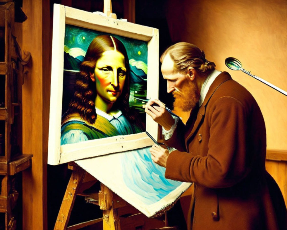 Artist painting Mona Lisa with surreal twist: cascading wavy hair.