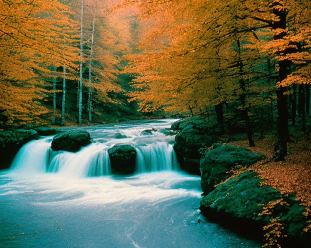Vibrant autumn forest with serene waterfall and blue stream