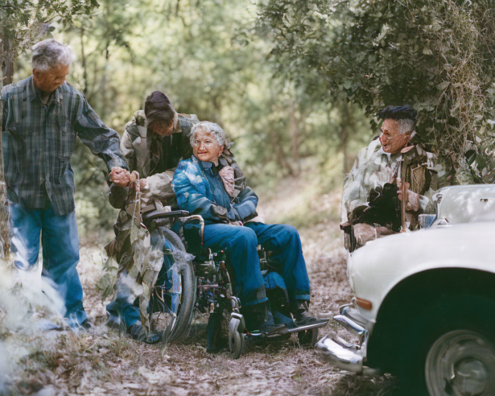 Elderly group in woodland with woman in wheelchair and two men near vintage car