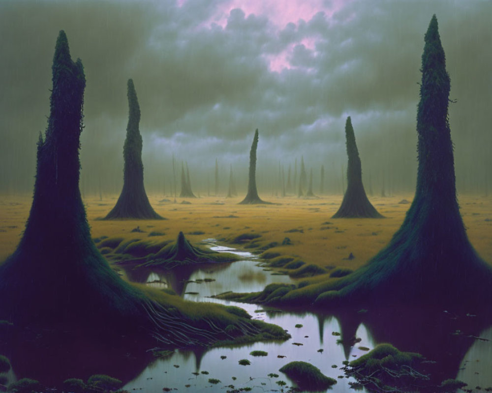 Surreal dusk landscape with spire-like trees, water pool, moss, and purple sky