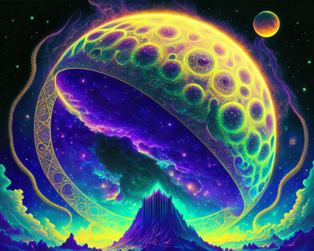 Large crescent moon over solitary mountain peak in vibrant cosmic scene