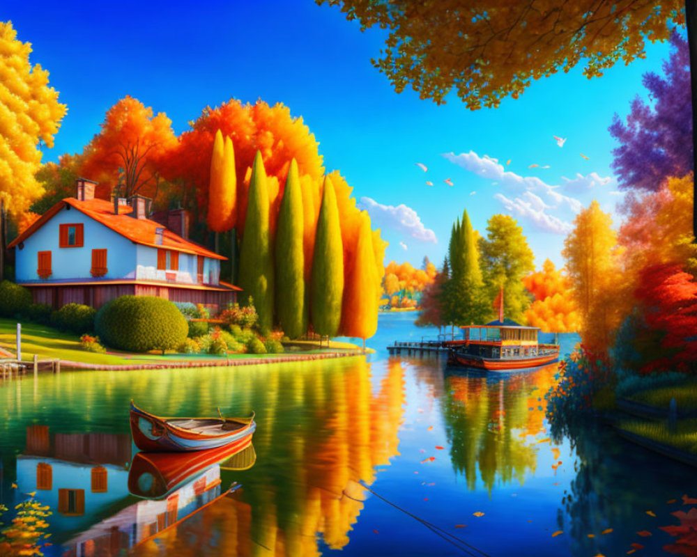 Tranquil autumn lake scene with house, colorful trees, rowboat, and houseboat