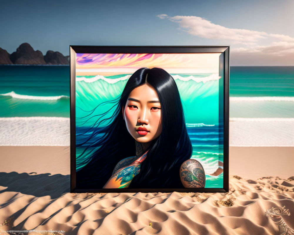 Portrait of a Woman with Tattoos on Beach with Realism and Digital Art Blend