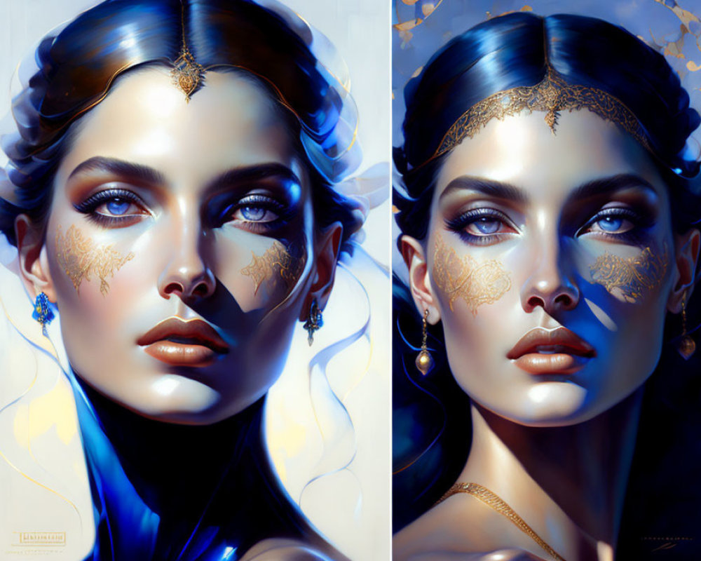 Woman portrait with blue eyes, golden facial jewelry, and intricate patterns on cool-toned backdrop