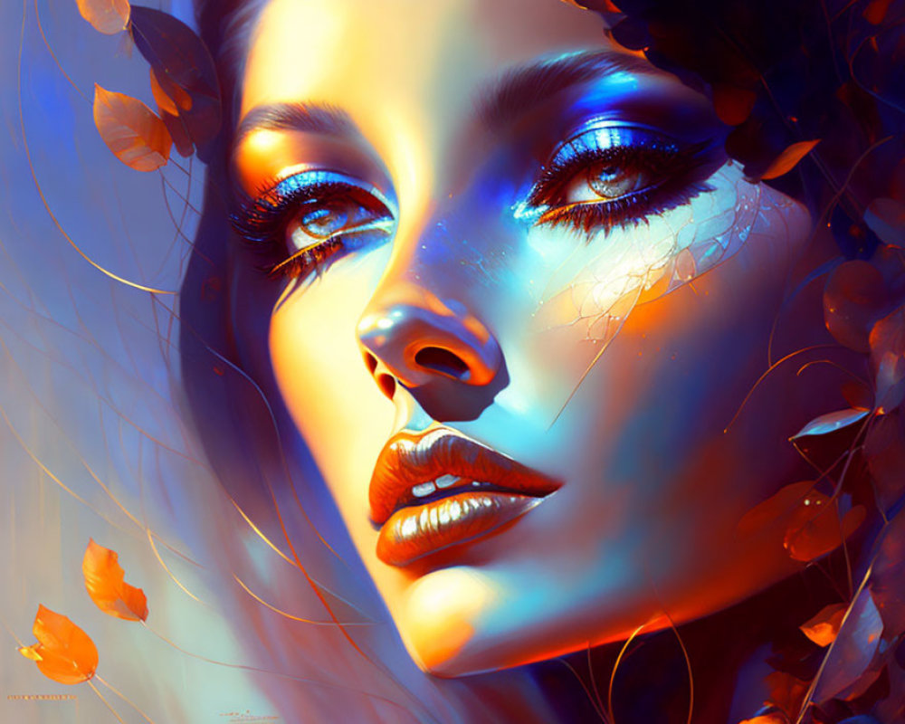 Digital portrait of woman with blue eyes among autumn leaves in warm & cool colors