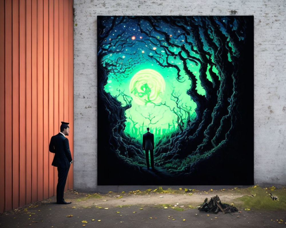 Man in suit gazes at surreal painting with green vortex and twisted trees