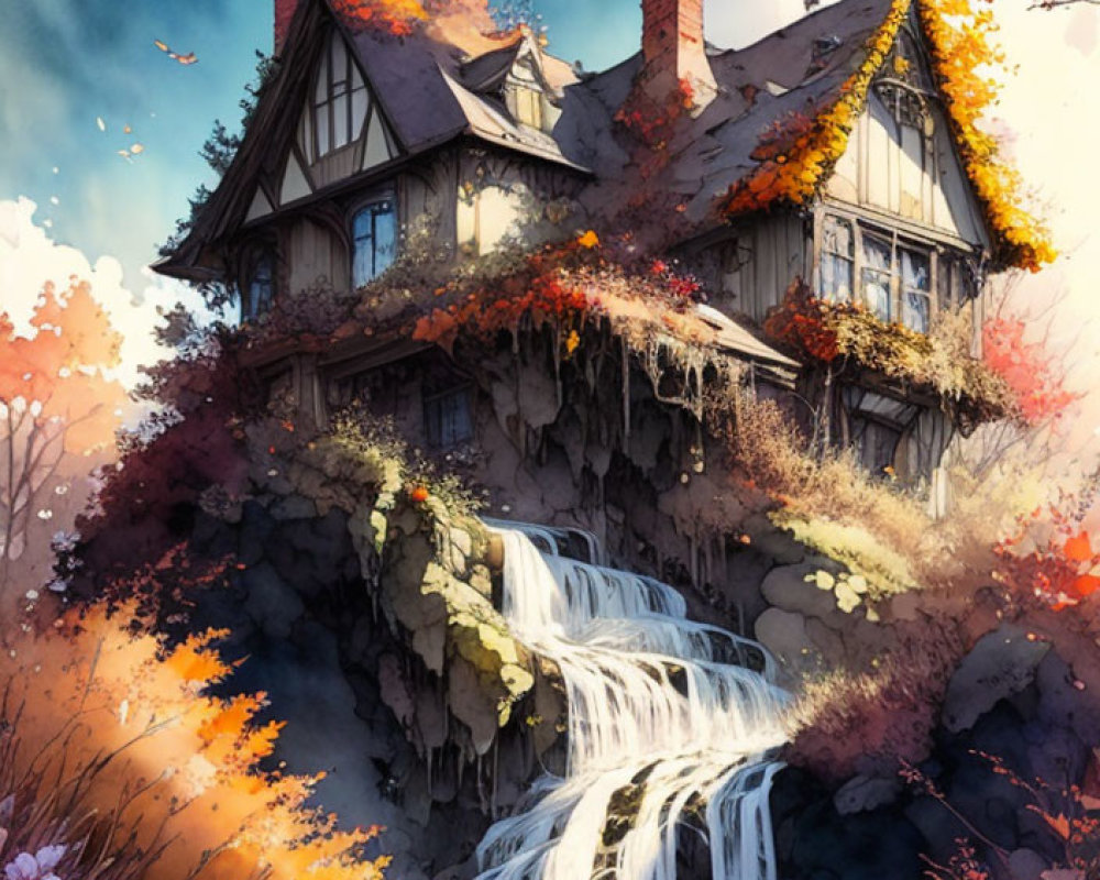 Thatched Roof Cottage Over Waterfall in Autumn Landscape