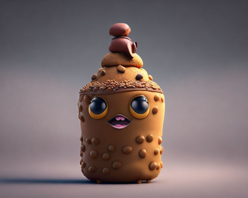 Cupcake-themed animated character with blue eyes on gray background