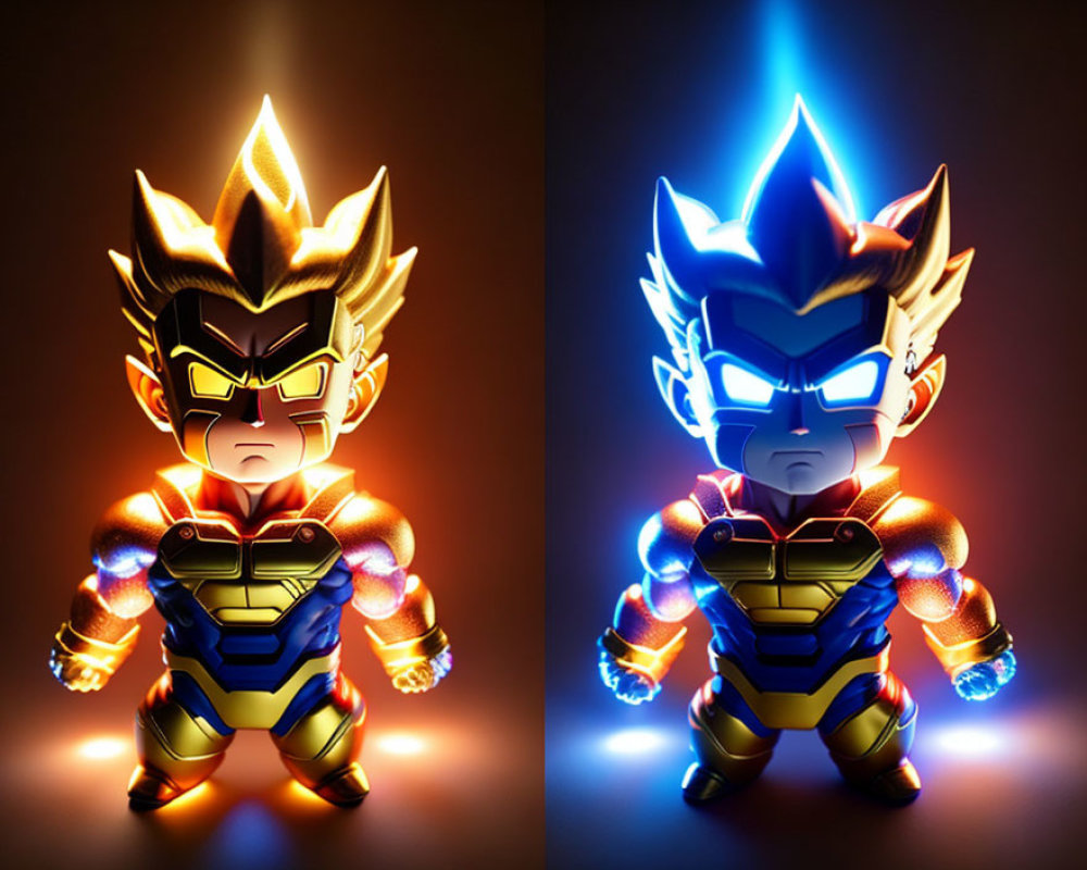 Figurines depict Super Saiyan and Iron Man crossover in orange and blue glow