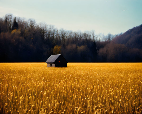 Rural wooden barn in golden field with treeline and blue sky