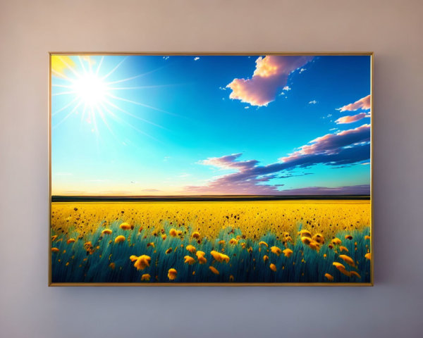 Vibrant artwork of yellow flowers under a blue sky