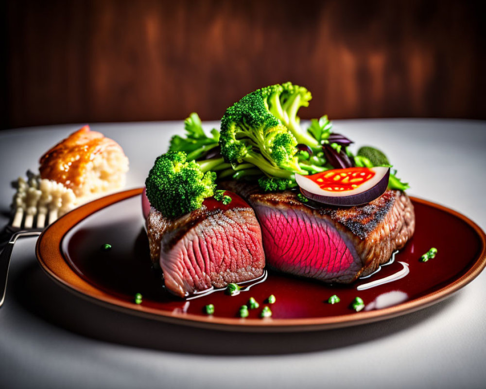 Succulent medium-rare steak with broccoli, tomato, rice, and garnish on elegant plate