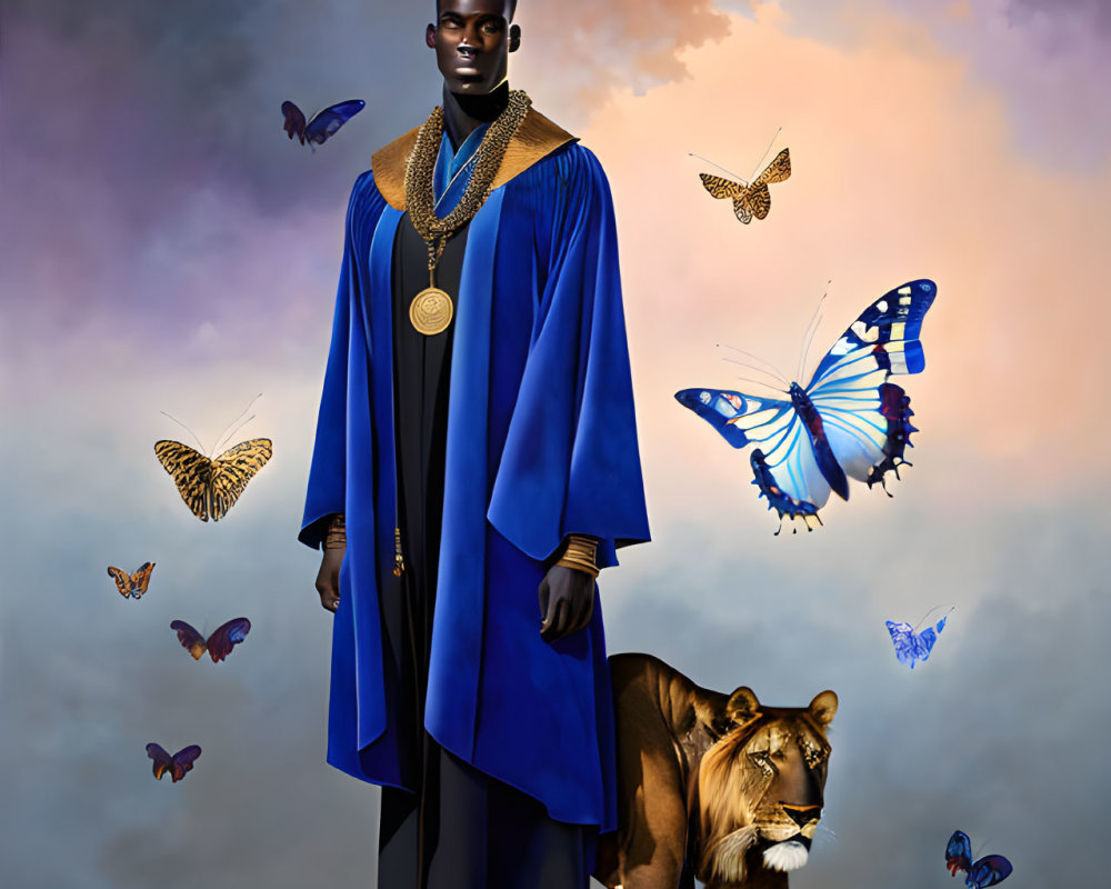 Regal figure in blue and gold attire with butterflies and tiger in moody sky scene