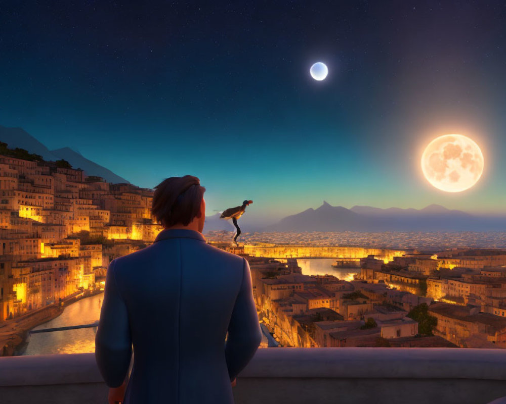 Person on balcony gazes at coastal city, river, moonlit sky