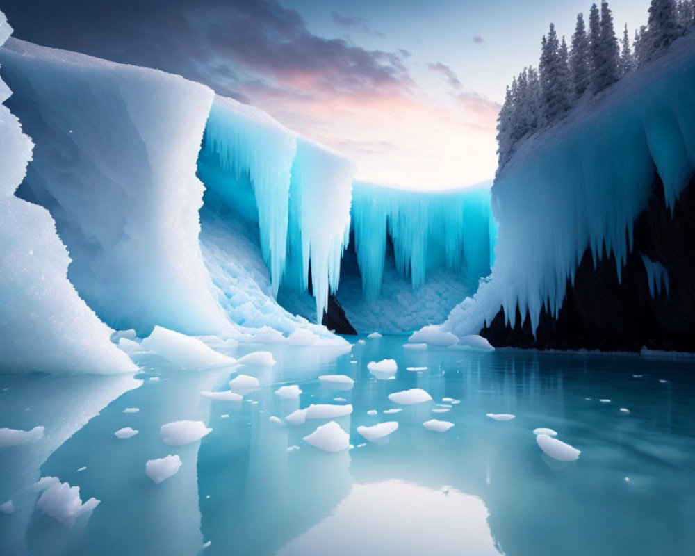 Vivid sunset over icy waters with blue ice formations