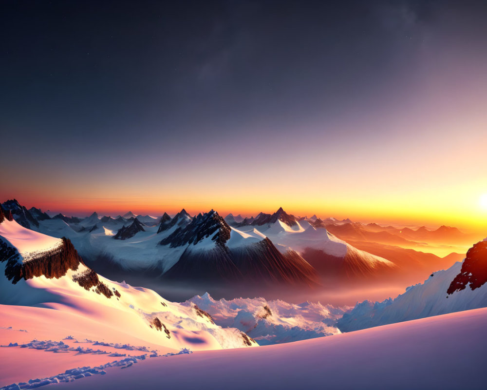 Vibrant sunset mountain vista with snowy peaks at dusk