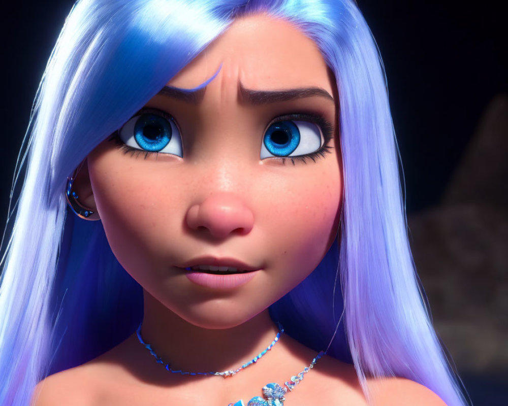 Detailed 3D animated character with blue hair and eyes
