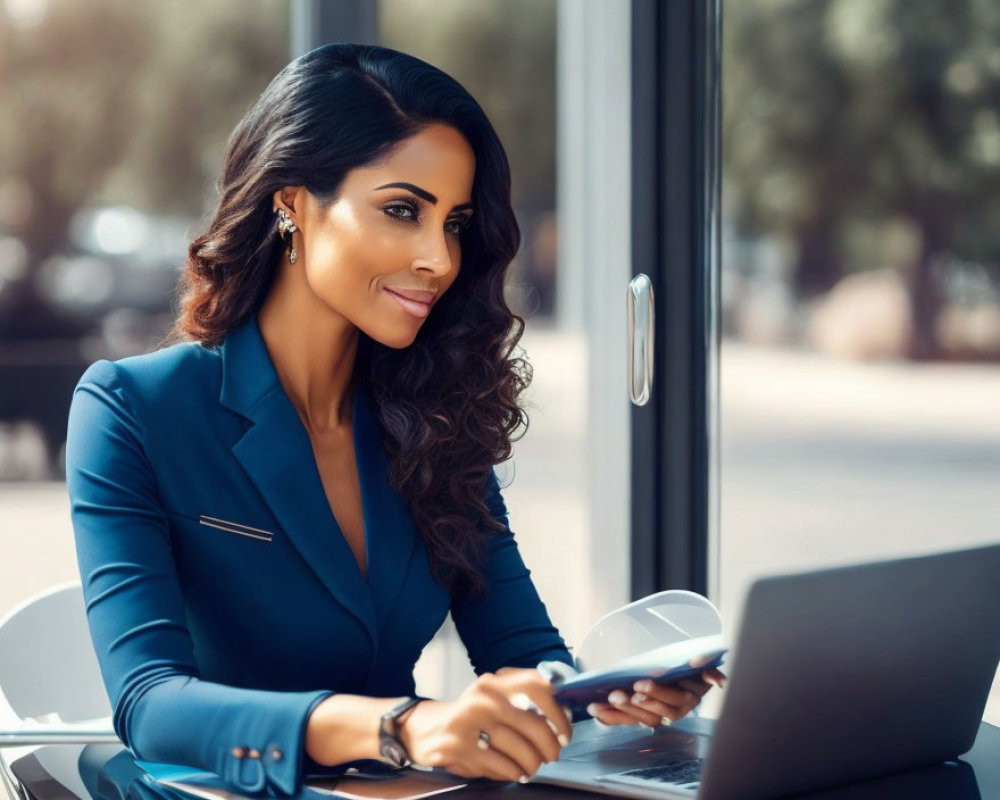Professional woman in blue suit working on laptop in bright office, holding smartphone and looking pensive