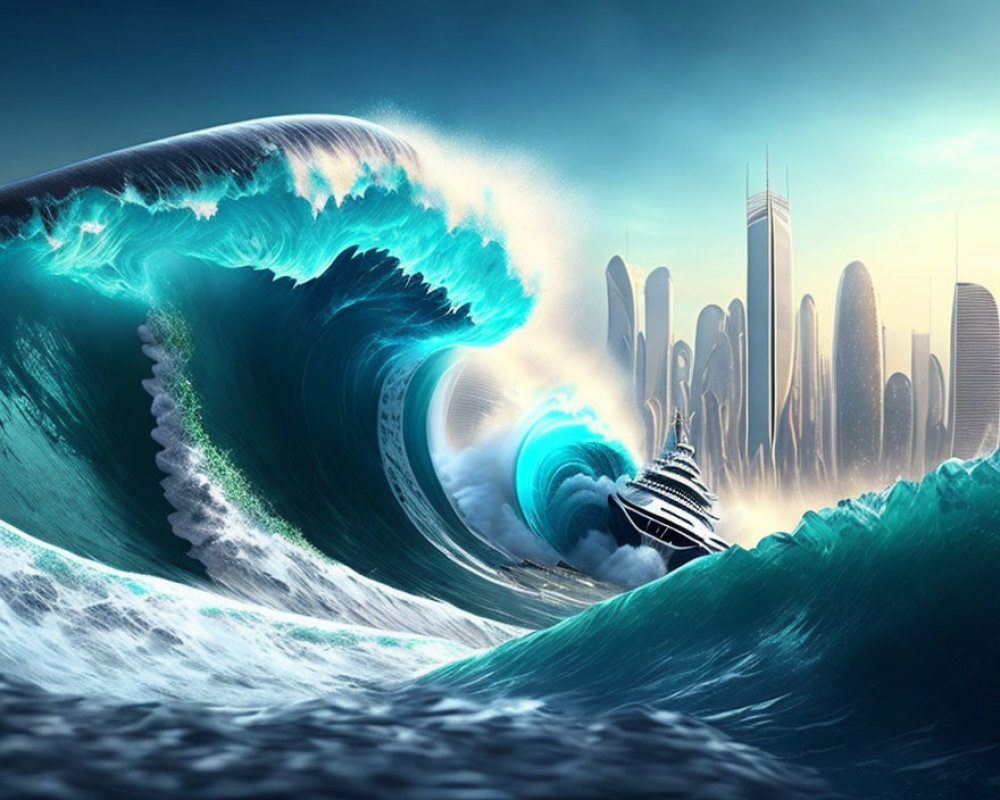 Giant wave consumes futuristic city with ship trapped