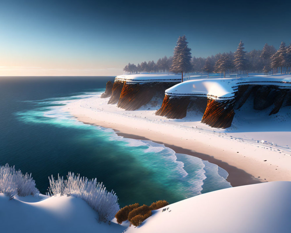 Snow-covered cliffs and beach with pine trees under softly lit sky