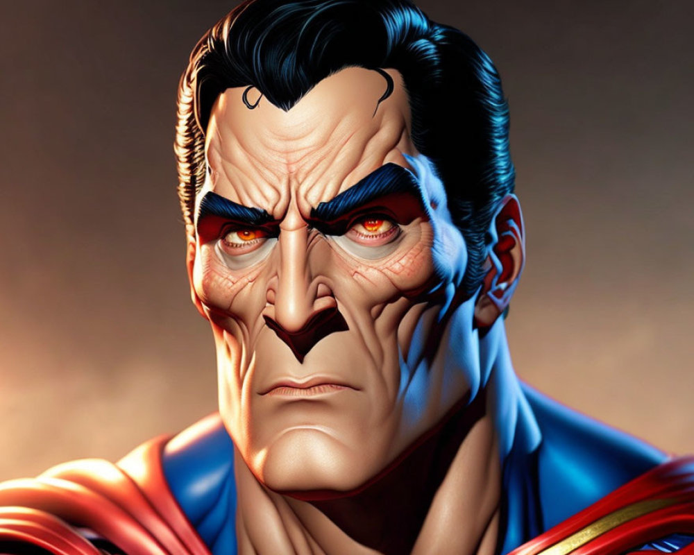 Detailed Close-Up Illustration of Stern Superman with Glowing Red Eyes