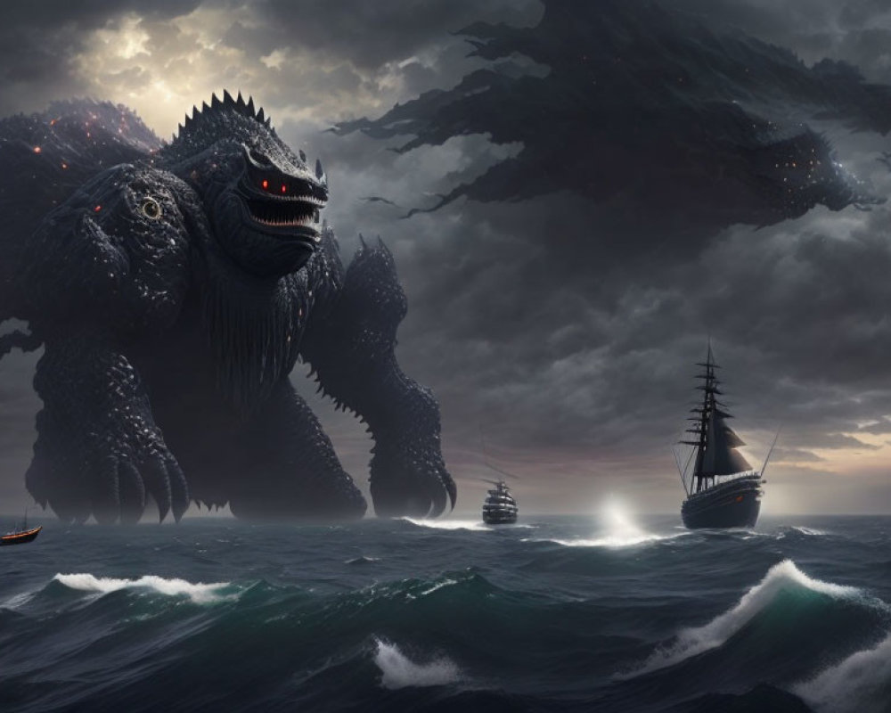 Gigantic monster emerges from stormy sea near ships