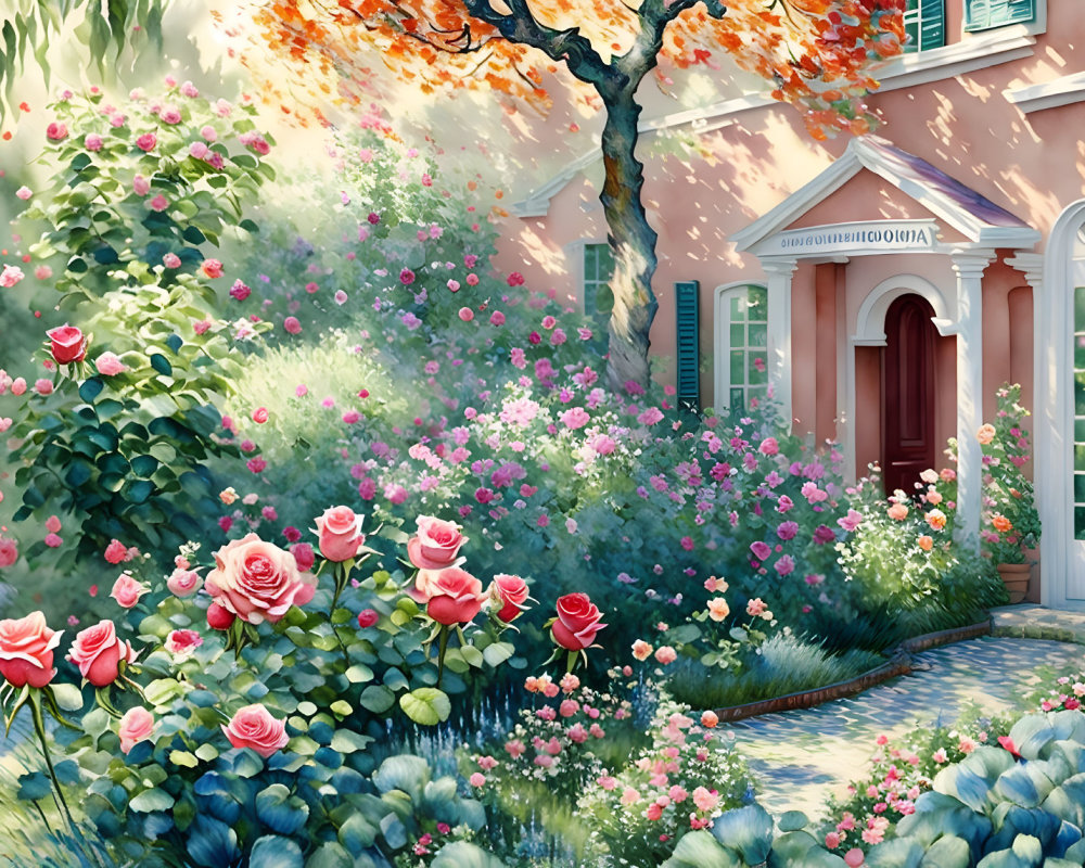 Blooming roses in vibrant garden with quaint house and dappled sunlight