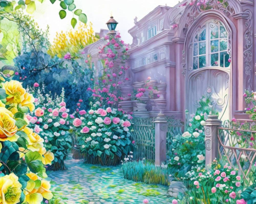 Blooming roses and lush garden in front of ornate purple building