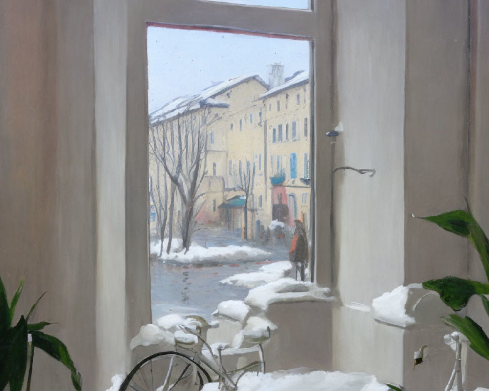 Snowy urban view with plants, snow-covered streets, buildings, and person with umbrella