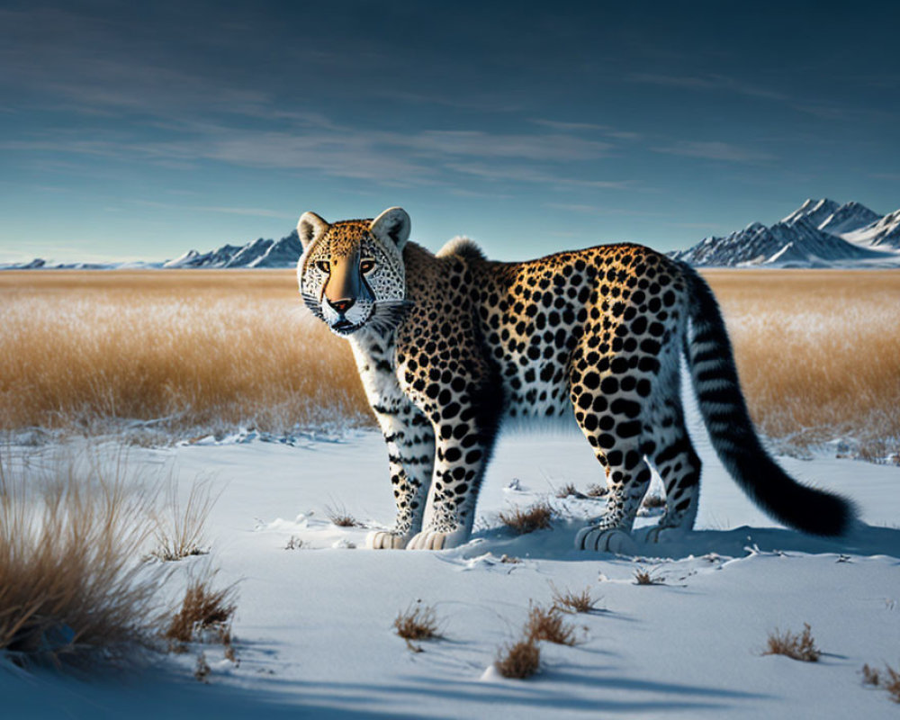Cheetah in snowy field with golden grass and mountains against blue sky