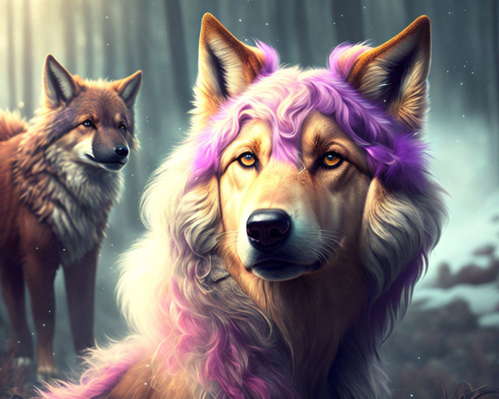 Vivid purple wolf and natural fox in misty forest scene