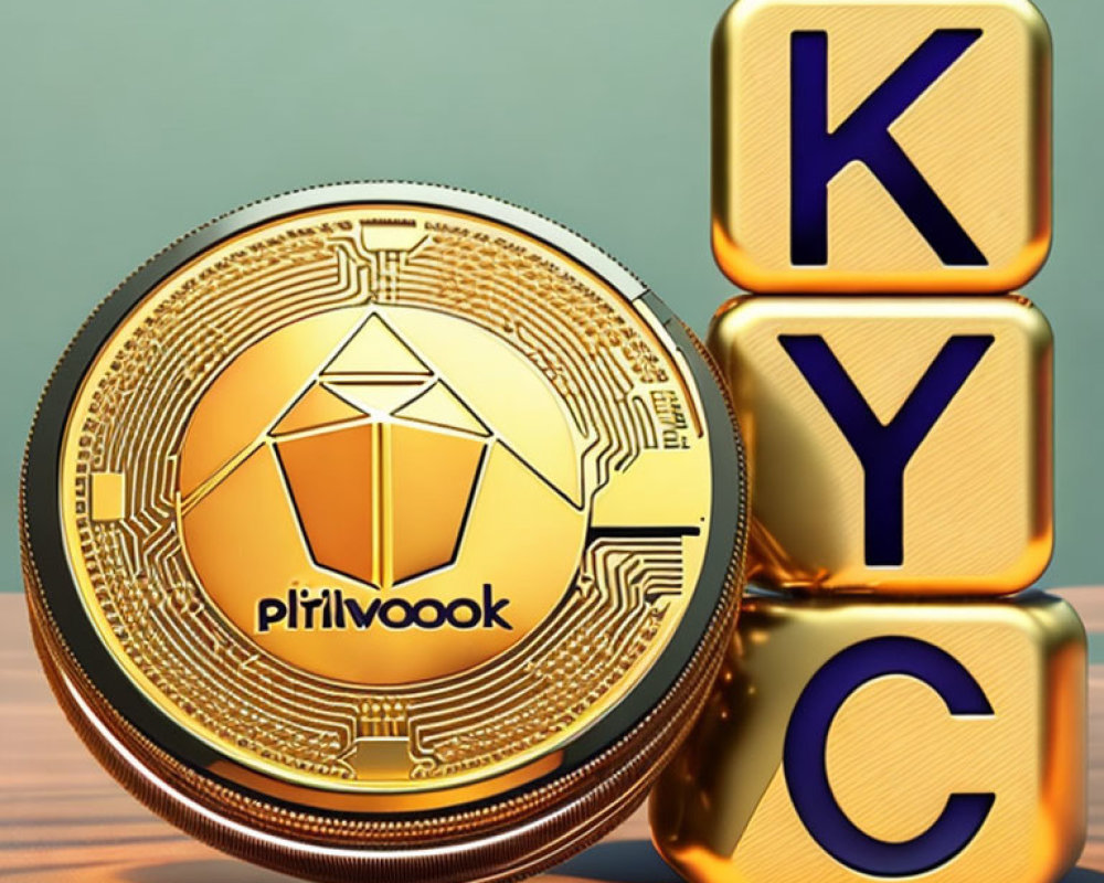 Intricate golden coin and "KYC" gold cubes on teal background