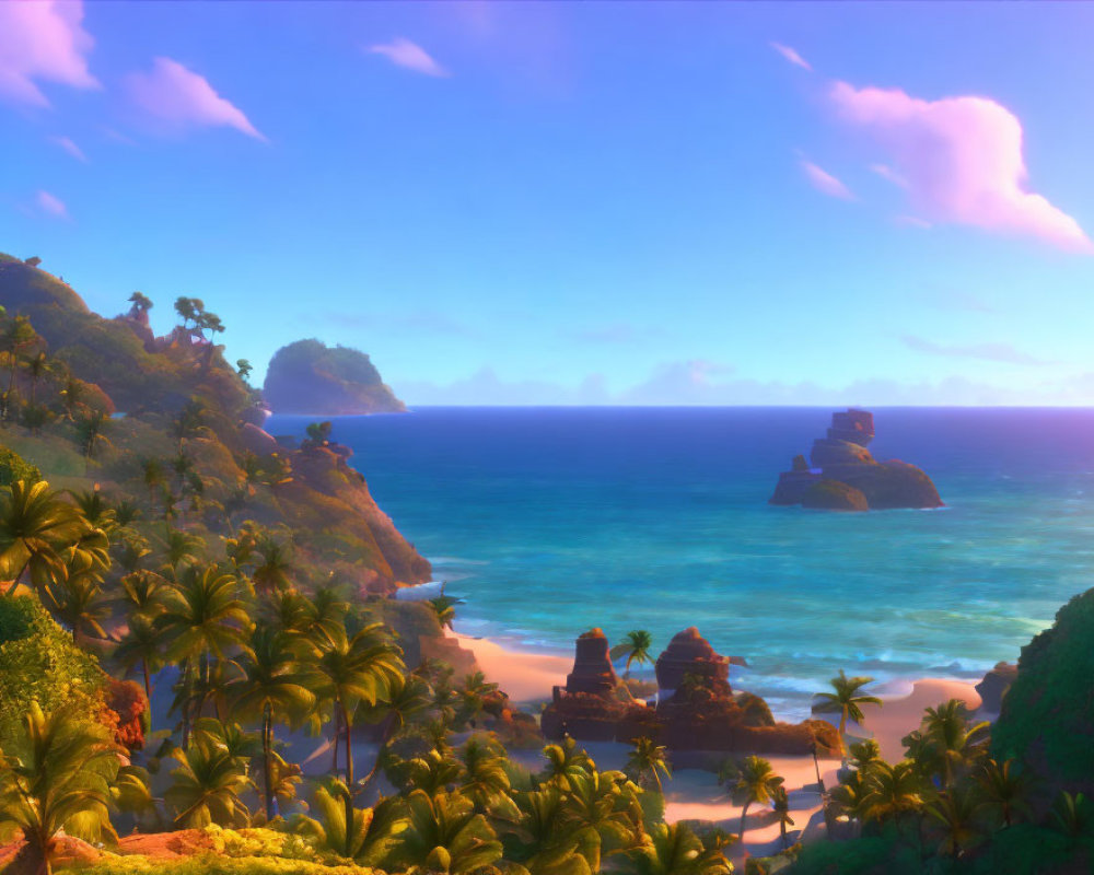 Tranquil Tropical Beach Sunset Scene with Palm Trees and Blue Water
