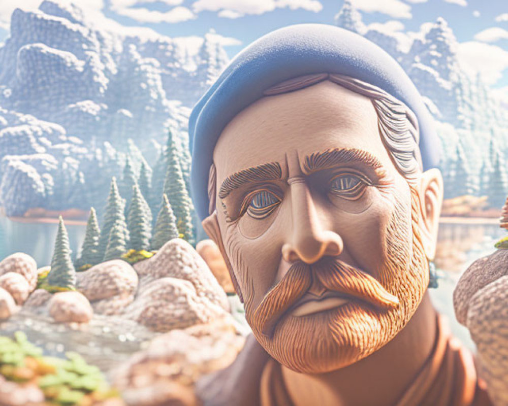 Surreal landscape: male face merges with mountains, trees, lake