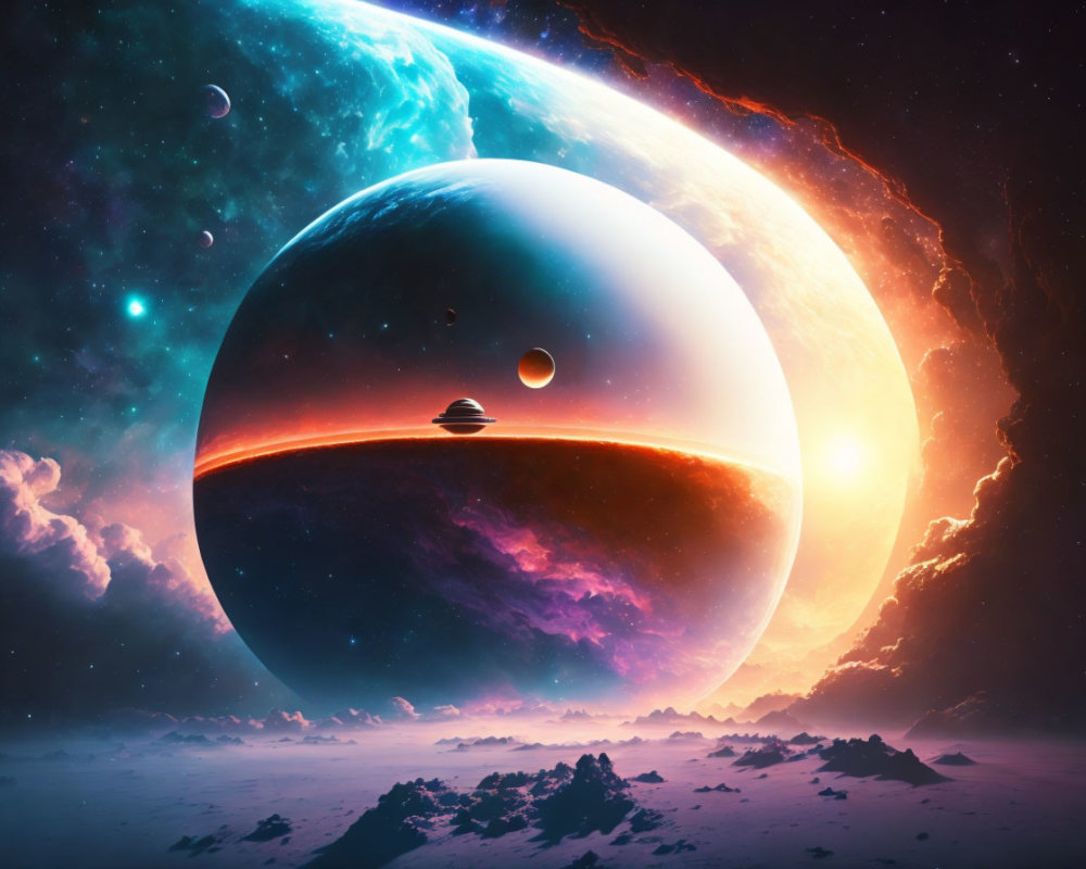 Large Celestial Bodies in Vibrant Space Scene with Ringed Planet and Glowing Sun