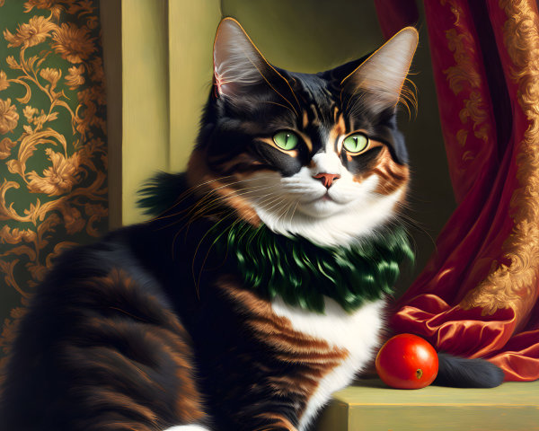 Regal Cat with Green Eyes and Fluffy Tricolor Fur by Window