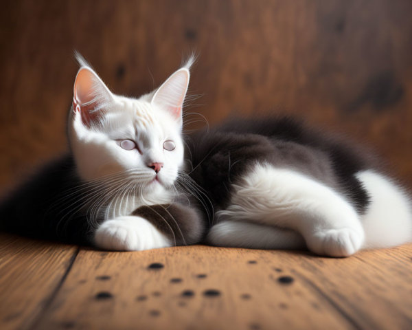 Fluffy black and white cat with striking eyes on wooden surface