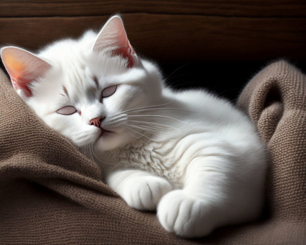White Cat Resting Peacefully on Brown Blanket with Closed Eyes