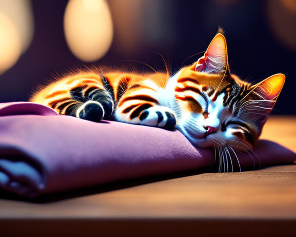 Striped Orange and White Cat Napping on Purple Cloth