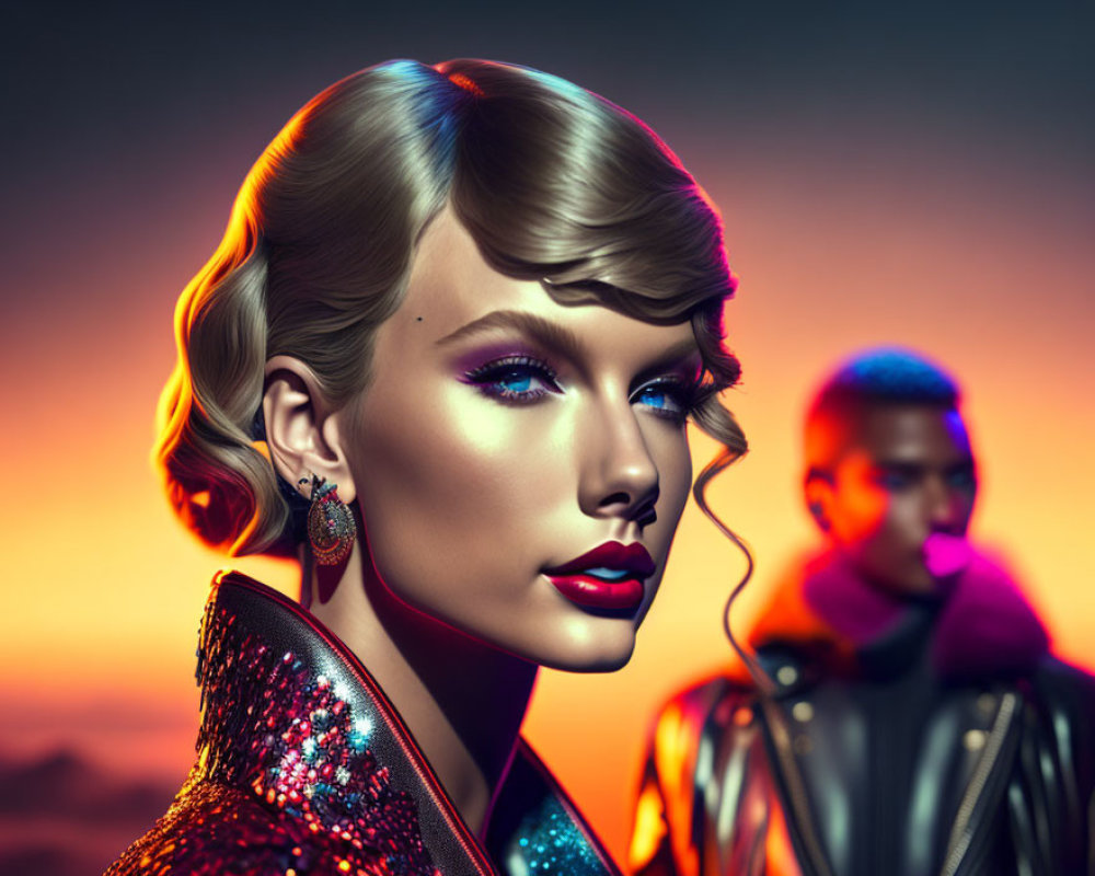 Vibrant digital portrait of woman in colorful makeup with man and sunset background