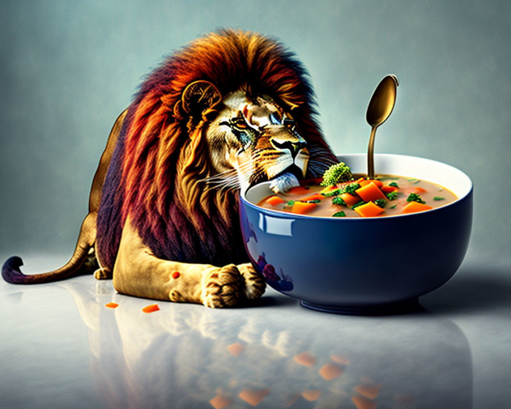 Tranquil lion beside blue bowl of vegetable soup