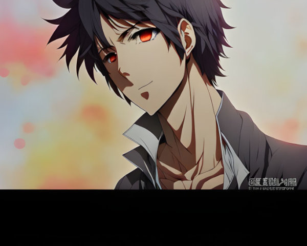 Anime-style male character with spiky black hair, one red eye, and symbols on gray shirt