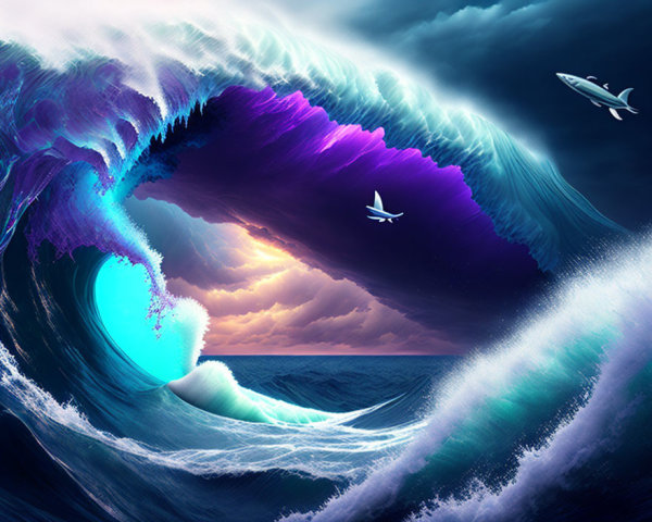Vibrant digital artwork: Enormous wave, sharks, birds, dramatic sunset sky
