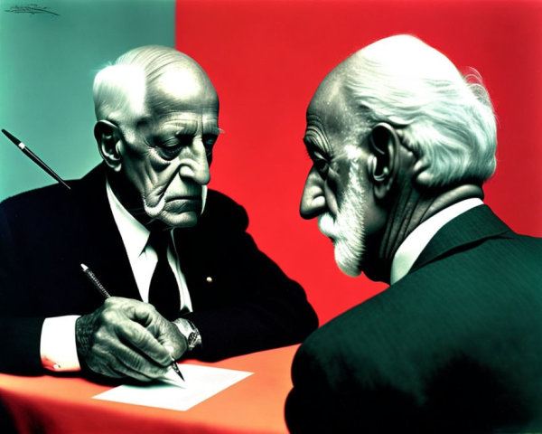 Elderly men at table with red and green background