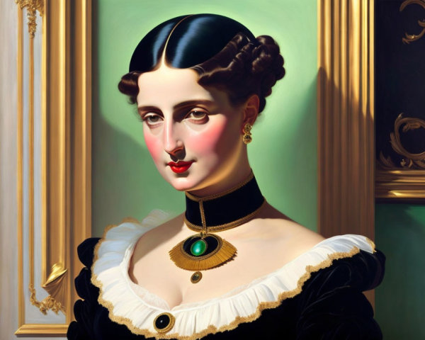 Woman Portrait: Black Hair, Black Dress, White Collar, Green Pendant