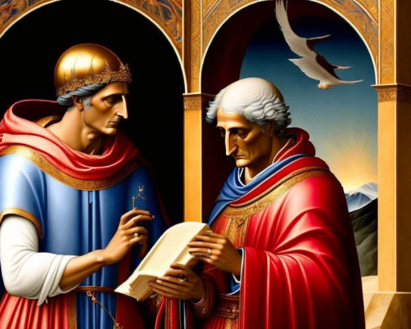 Stylized figures in elaborate robes with book and church model, dove flying overhead