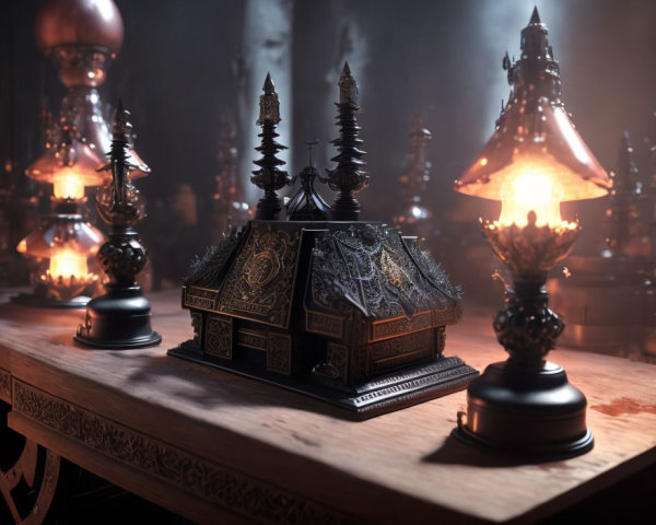 Intricate Gothic miniature house with vintage lamps on dark background
