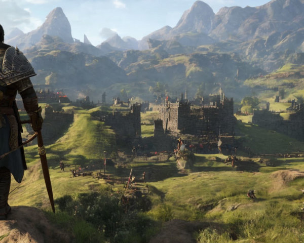 Medieval fortress scene with knight, soldiers, and sunny sky