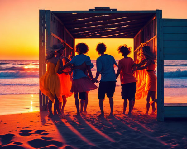 Friends enjoying sunset beachside container with vibrant hues.