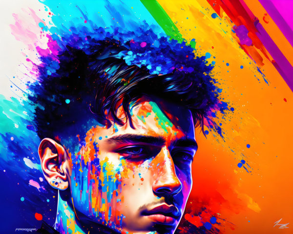 Colorful digital portrait with rainbow paint effects